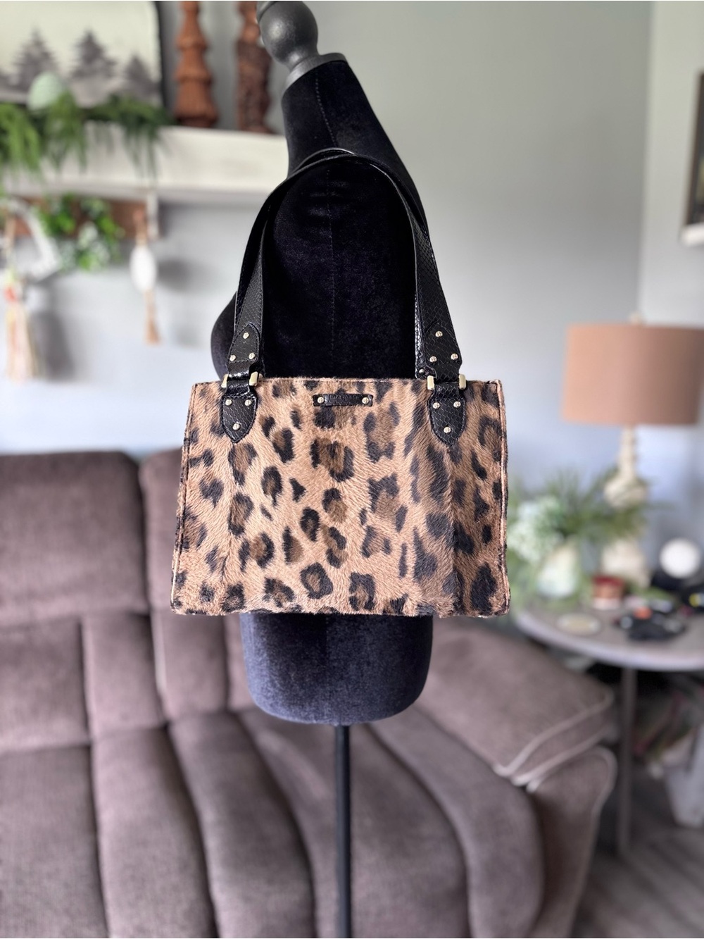 kate spade y2k Leopard Print Haircalf Sutton Tote with Black embossed Handles